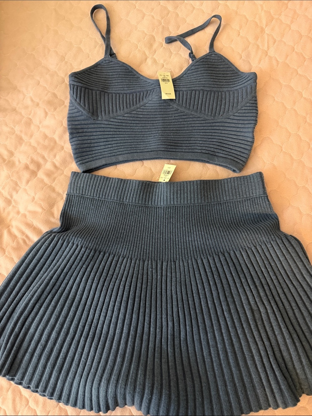 Ribbed Knit Pleated Mini Skirt - blue